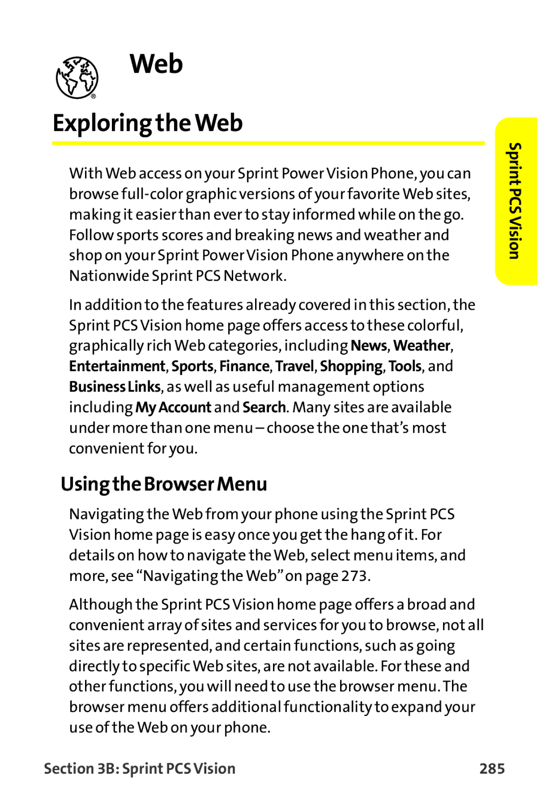 Sprint Nextel MM-7500 manual Exploring the Web, Using the Browser Menu, Sprint PCS Vision 285 