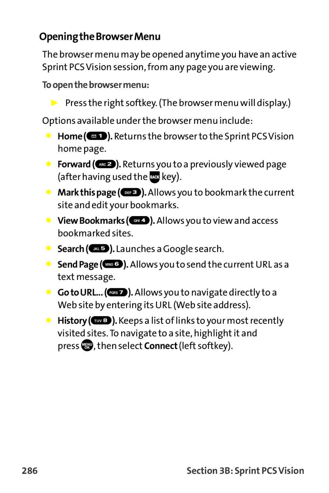 Sprint Nextel MM-7500 manual OpeningtheBrowserMenu, Toopenthebrowsermenu, 286 