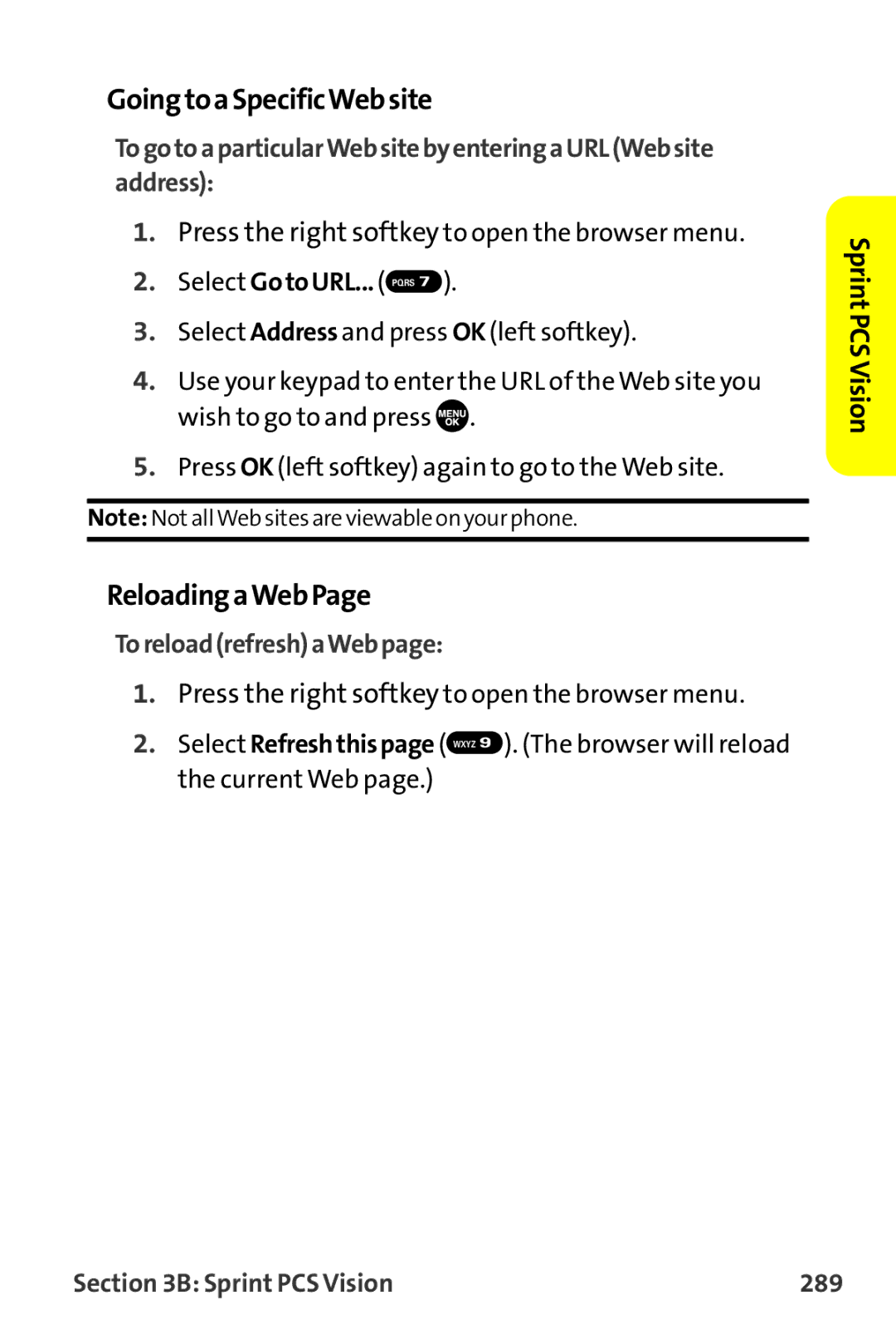 Sprint Nextel MM-7500 manual GoingtoaSpecificWebsite, ReloadingaWebPage, ToreloadrefreshaWebpage, Sprint PCS Vision 289 