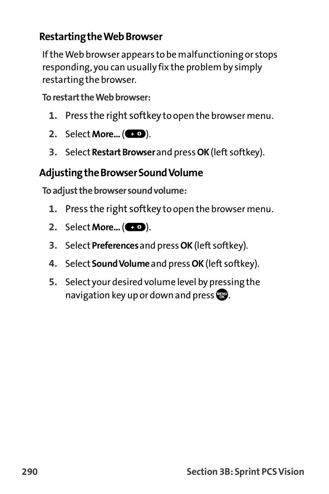 Sprint Nextel MM-7500 manual RestartingtheWebBrowser, AdjustingtheBrowserSoundVolume, TorestarttheWebbrowser, 290 