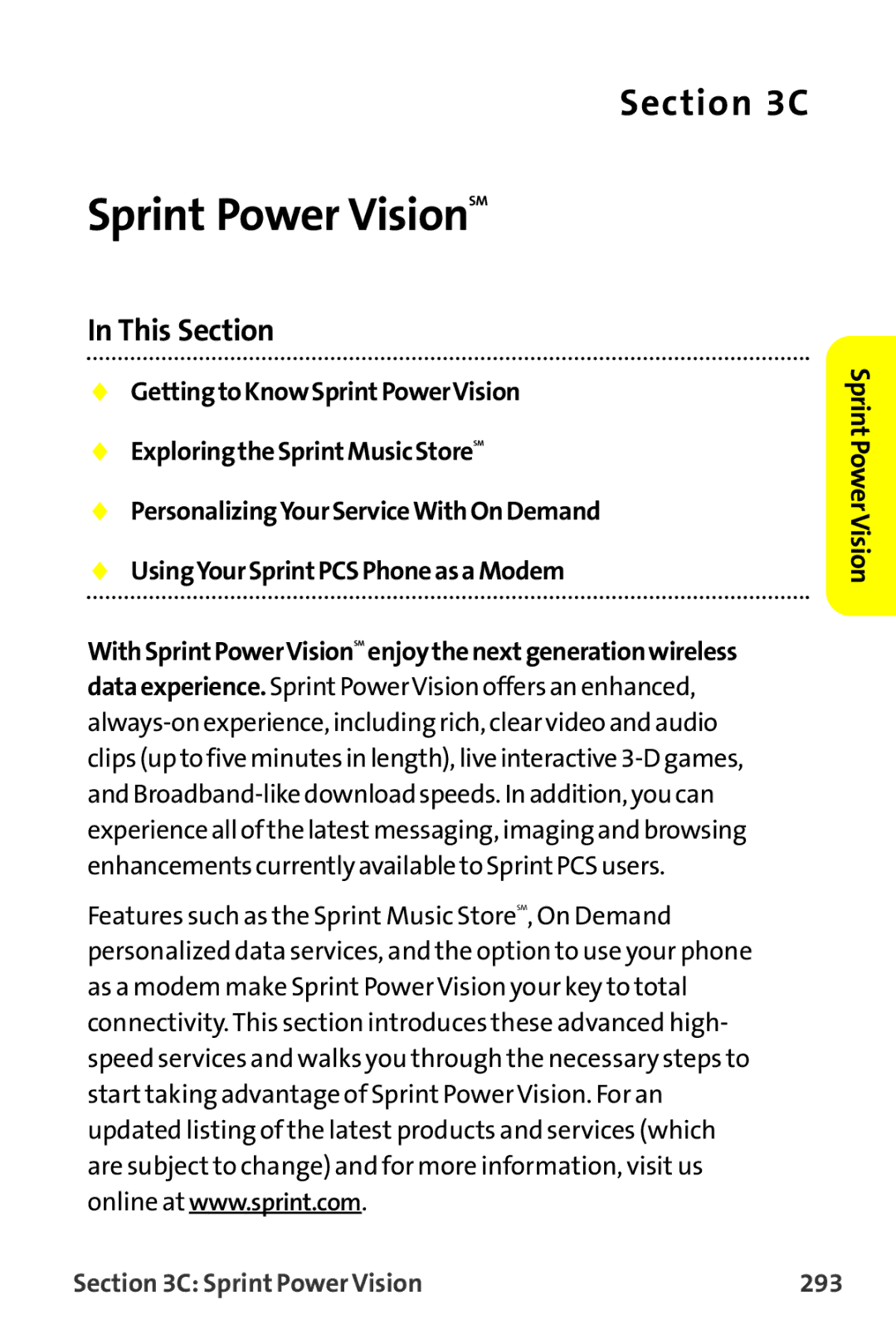 Sprint Nextel MM-7500 manual Sprint Power VisionSM, Sprint Power Vision 293 