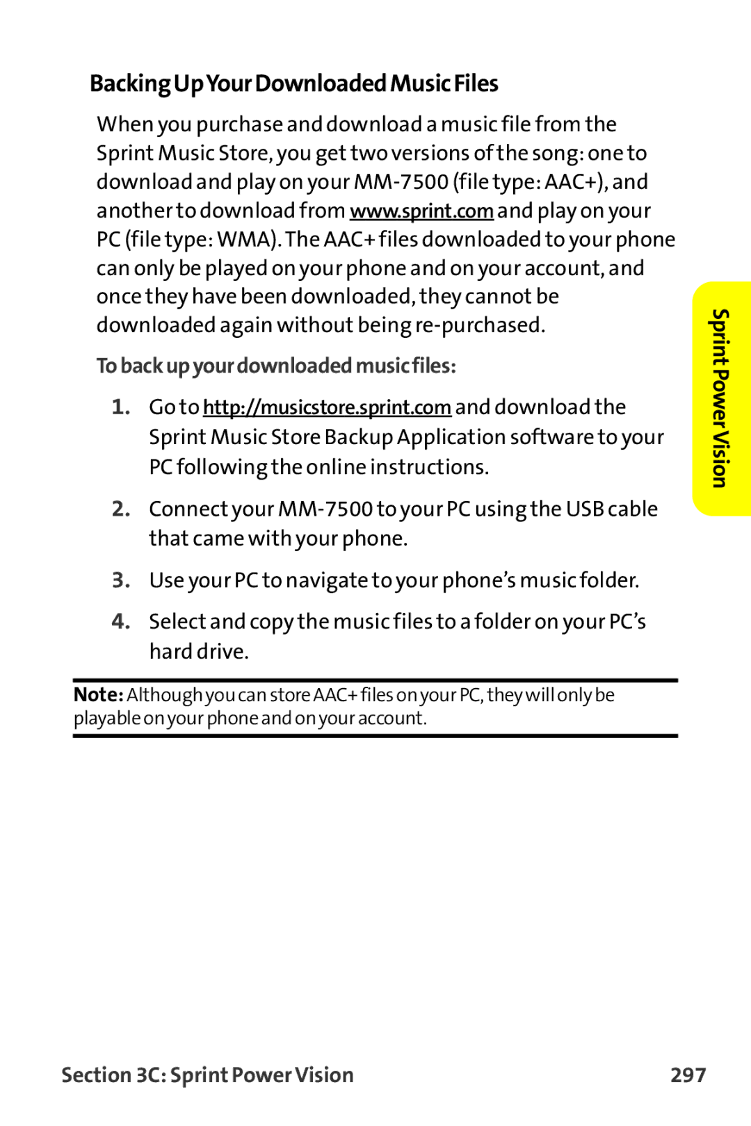 Sprint Nextel MM-7500 manual BackingUpYourDownloadedMusicFiles, Tobackupyourdownloadedmusicfiles, Sprint Power Vision 297 