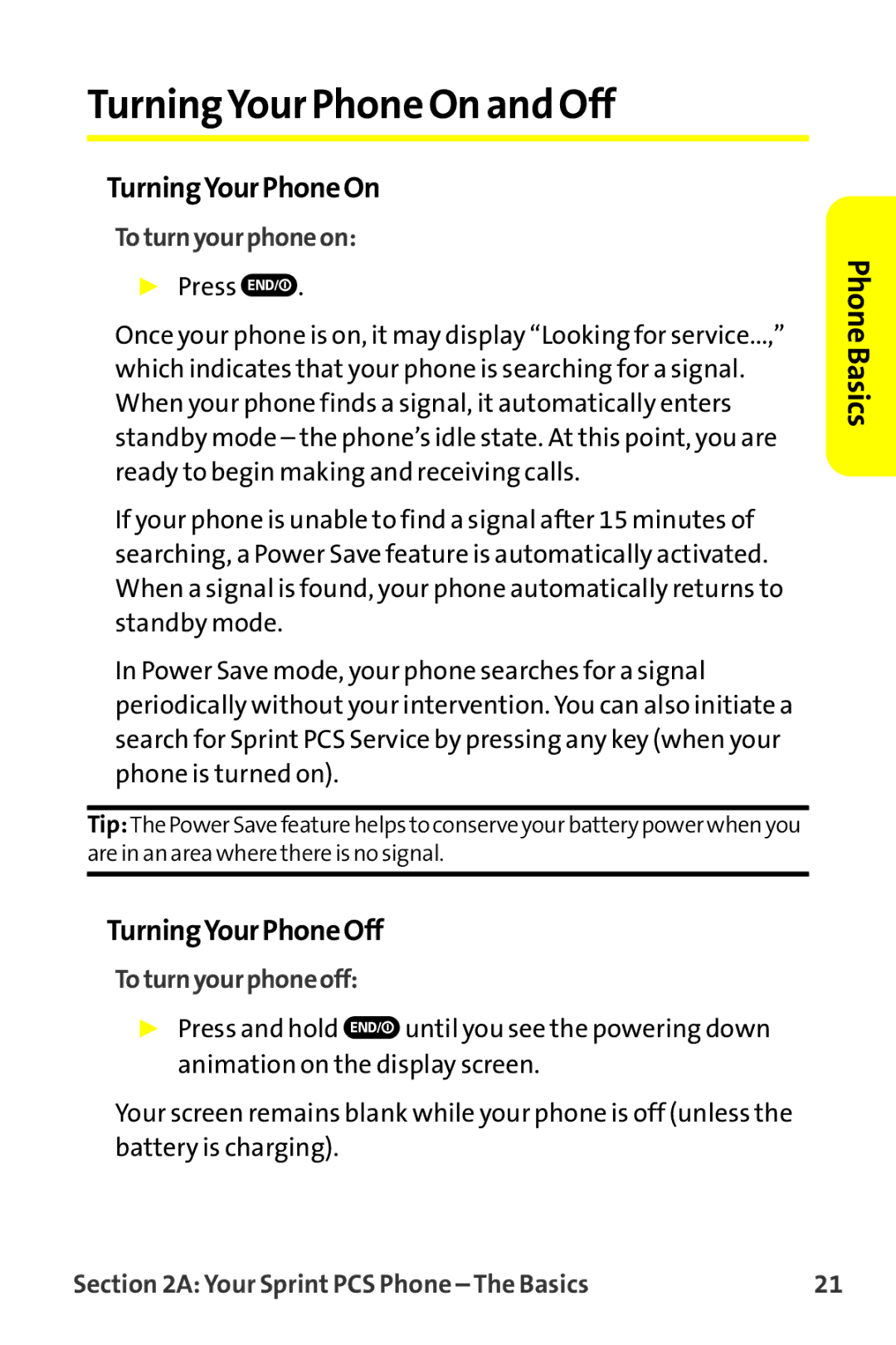 Sprint Nextel MM-7500 manual TurningYour Phone On and Off, TurningYourPhoneOn, TurningYourPhoneOff, Toturnyourphoneon 