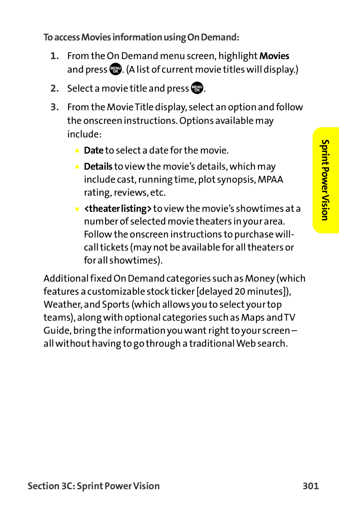 Sprint Nextel MM-7500 manual ToaccessMoviesinformationusingOnDemand, Sprint Power Vision 301 