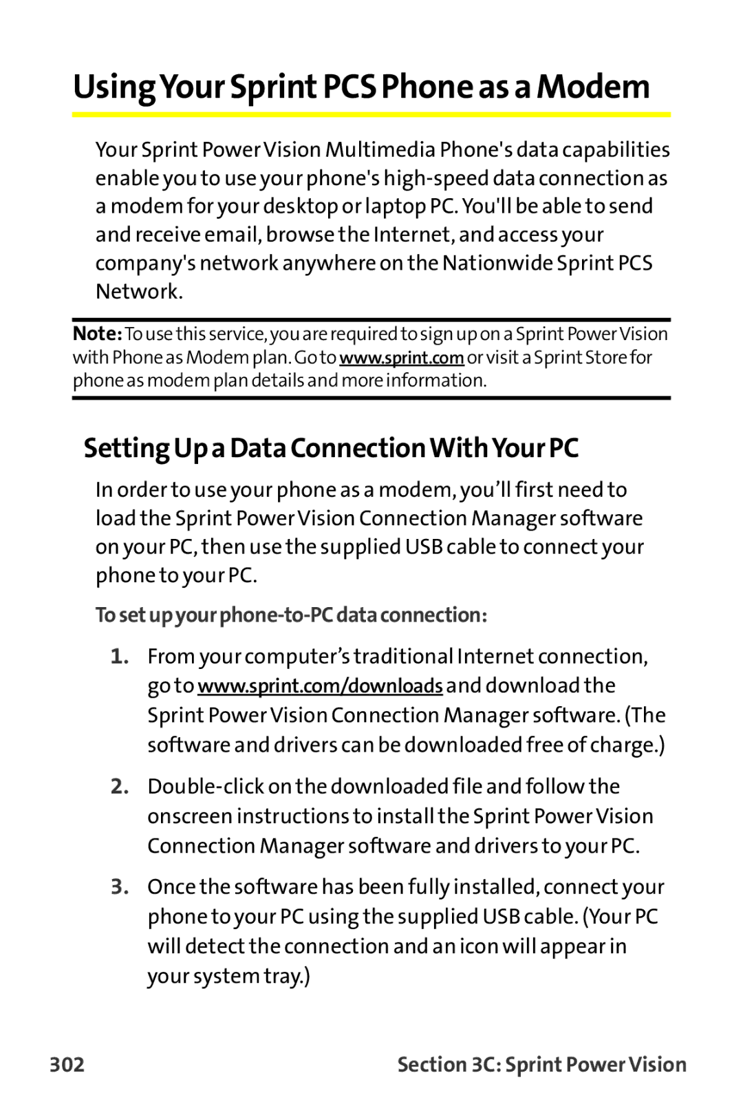 Sprint Nextel MM-7500 manual Setting Up a Data ConnectionWithYour PC, Tosetupyourphone-to-PCdataconnection, 302 