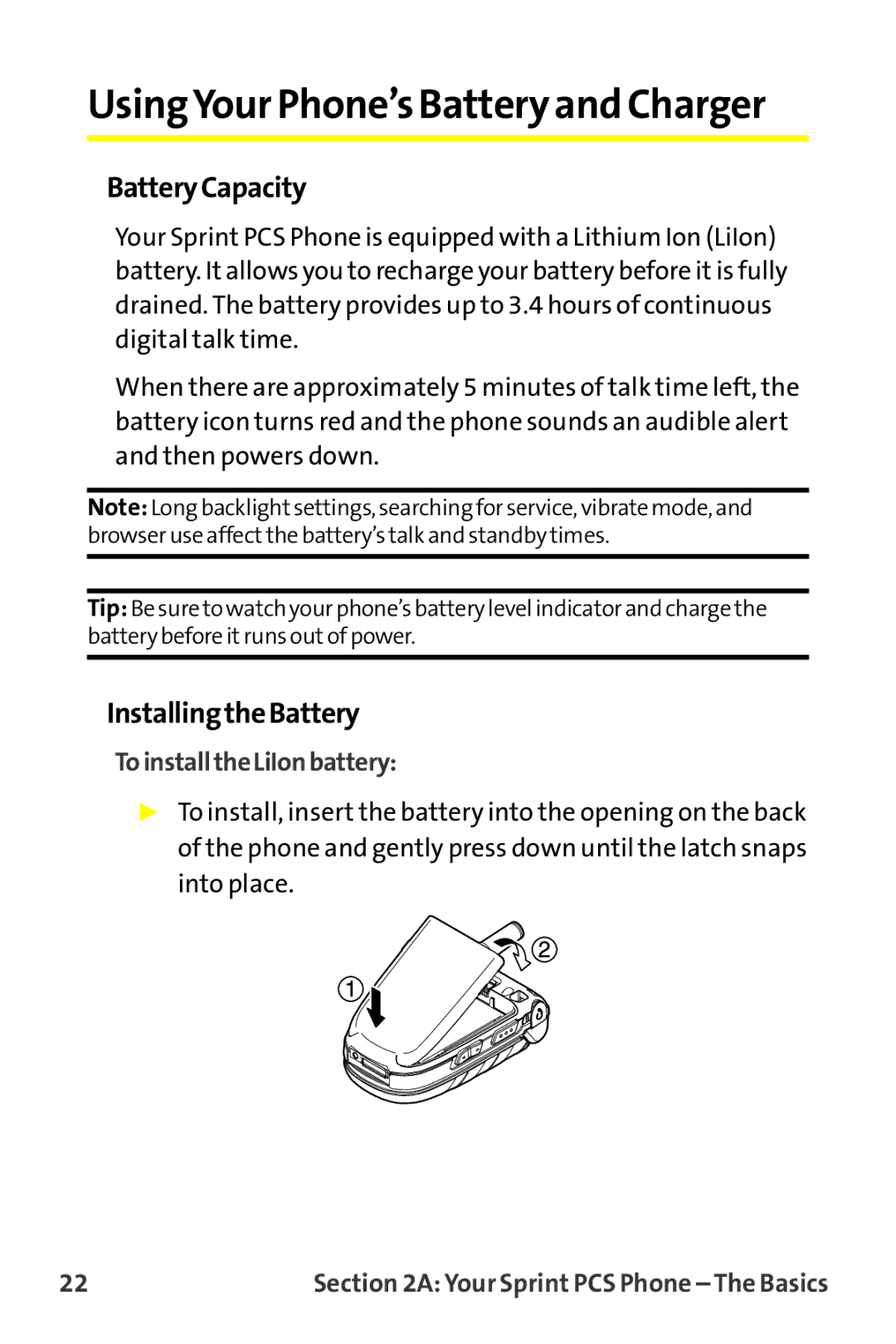 Sprint Nextel MM-7500 manual BatteryCapacity, InstallingtheBattery, ToinstalltheLiIonbattery 