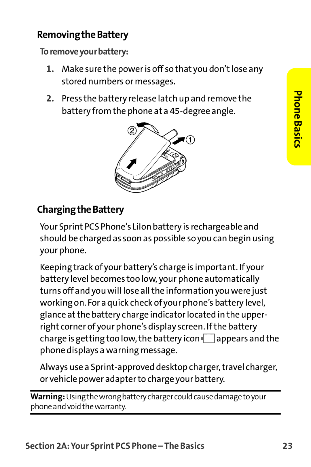 Sprint Nextel MM-7500 manual RemovingtheBattery, ChargingtheBattery, Toremoveyourbattery 