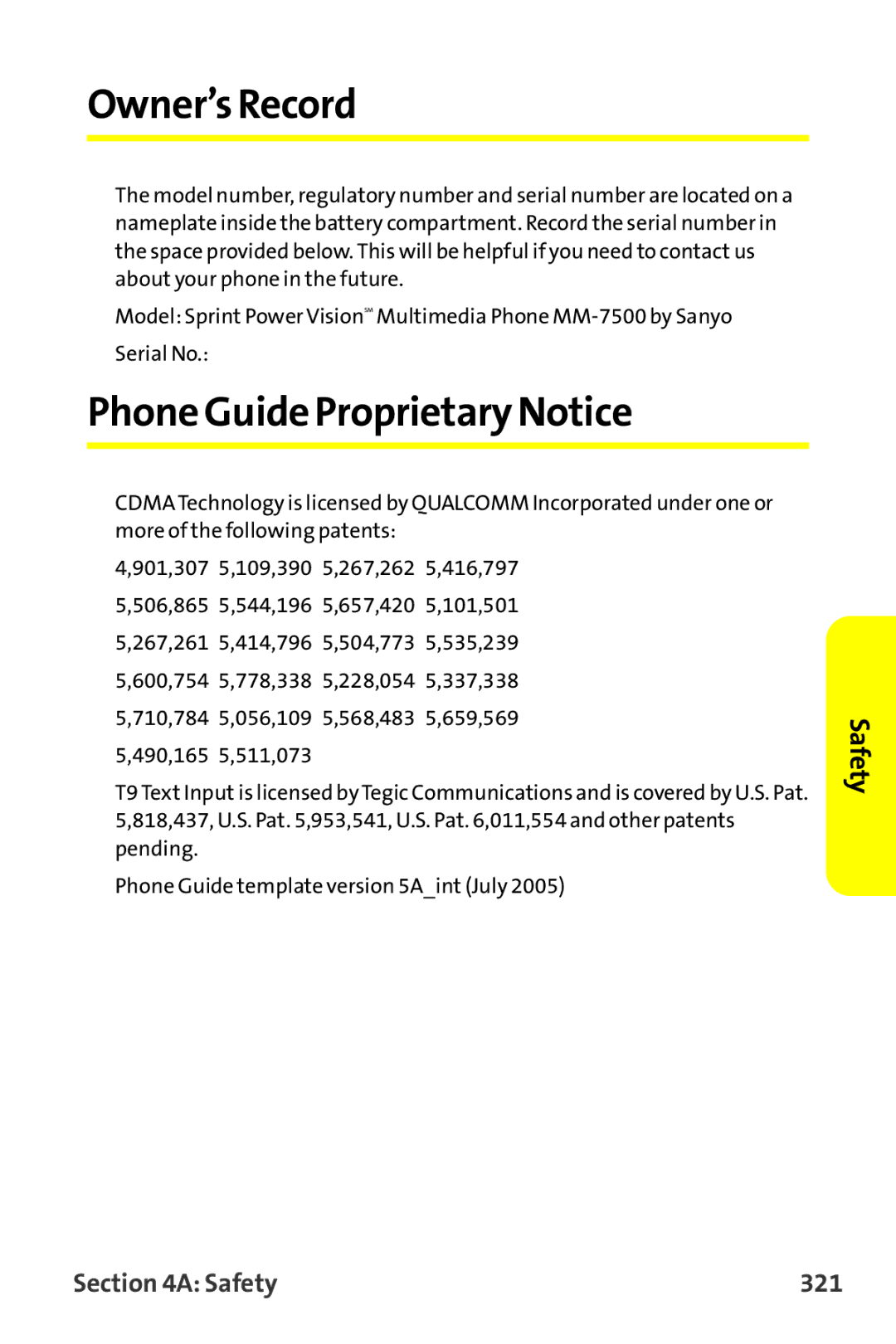 Sprint Nextel MM-7500 manual Owner’s Record, Phone Guide Proprietary Notice, Safety 321 