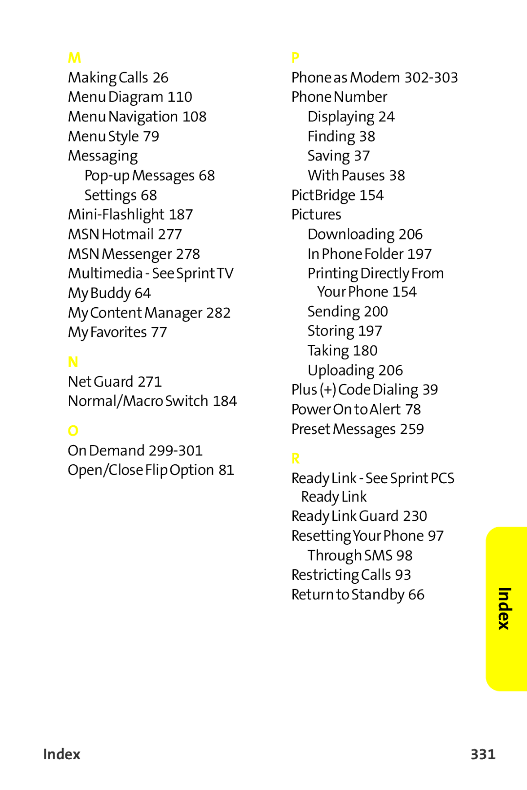 Sprint Nextel MM-7500 manual Index 331 