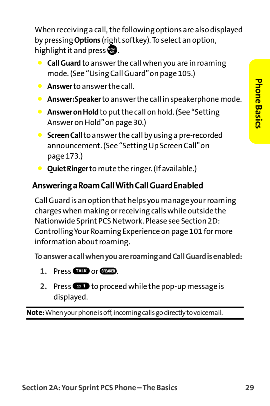 Sprint Nextel MM-7500 manual AnsweringaRoamCallWithCallGuardEnabled 