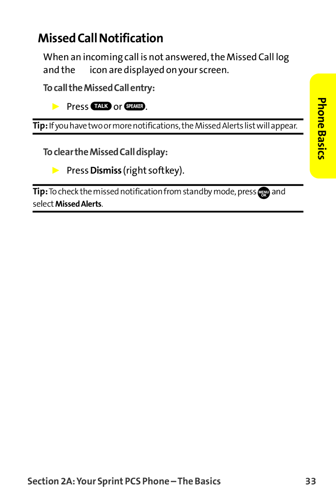 Sprint Nextel MM-7500 manual Missed Call Notification, TocalltheMissedCallentry, TocleartheMissedCalldisplay 