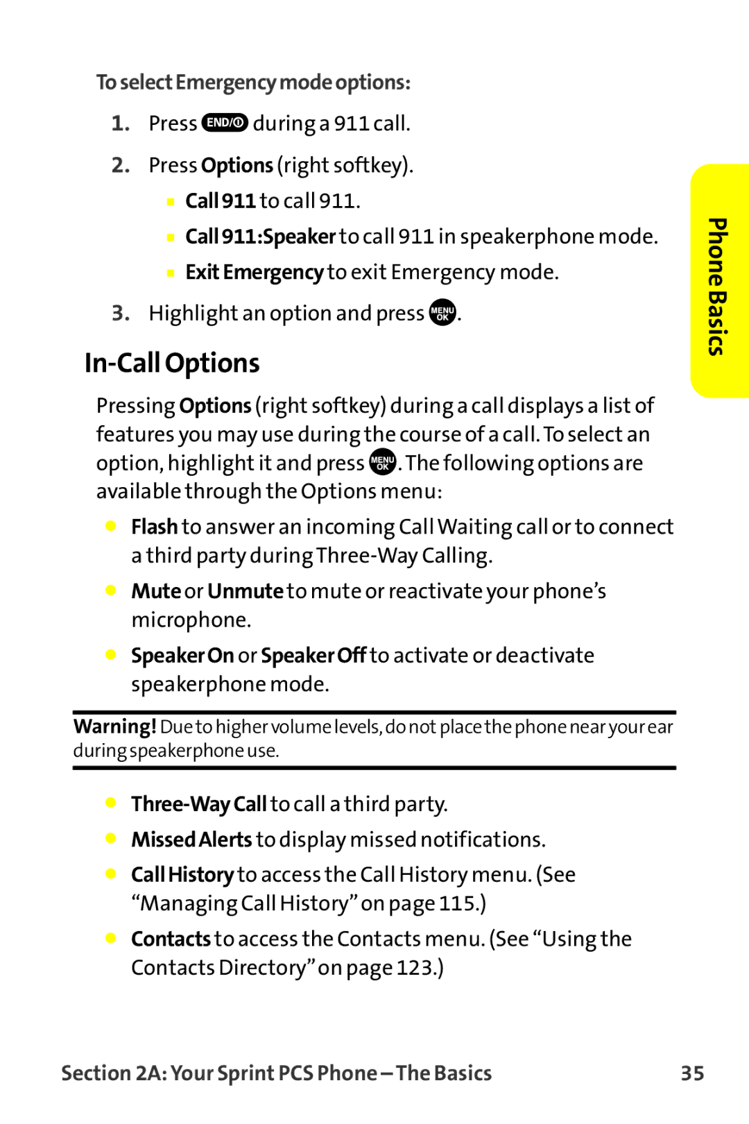 Sprint Nextel MM-7500 manual In-Call Options, ToselectEmergencymodeoptions 