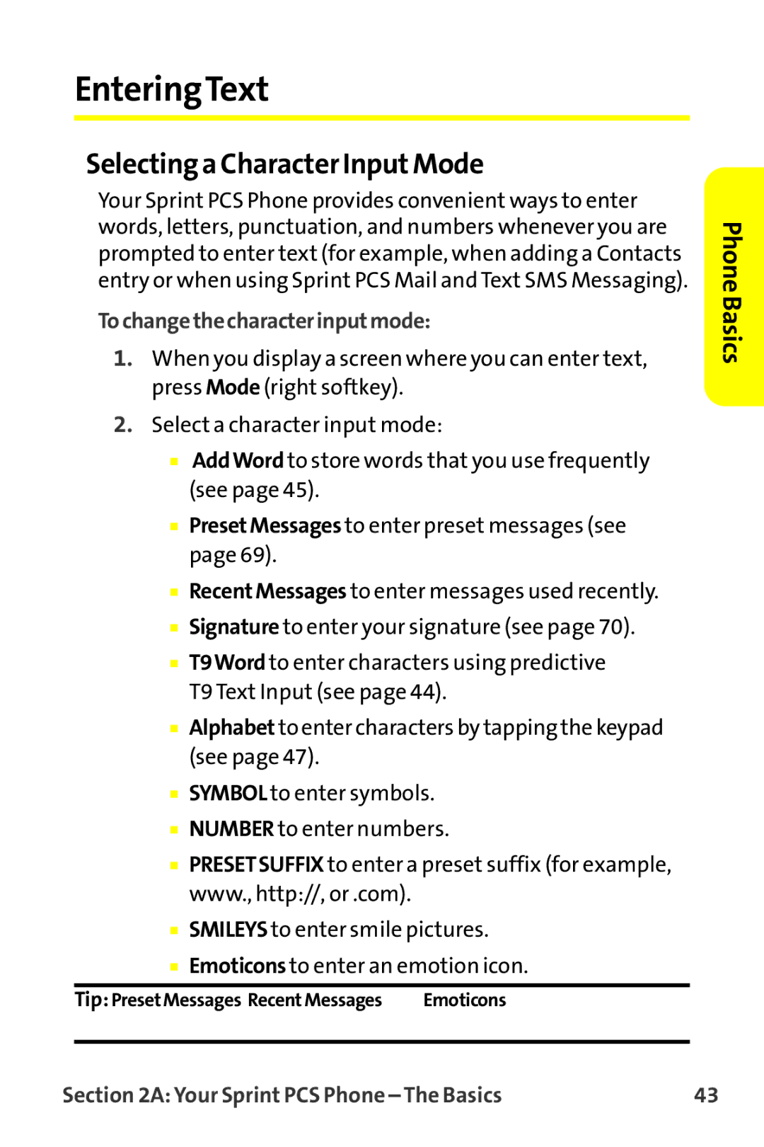 Sprint Nextel MM-7500 manual EnteringText, Selecting a Character InputMode, Tochangethecharacterinputmode 