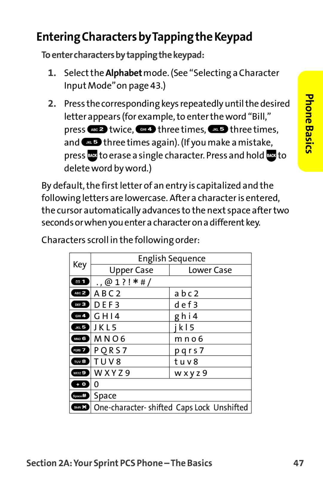 Sprint Nextel MM-7500 manual Entering Characters byTapping the Keypad, Toentercharactersbytappingthekeypad 