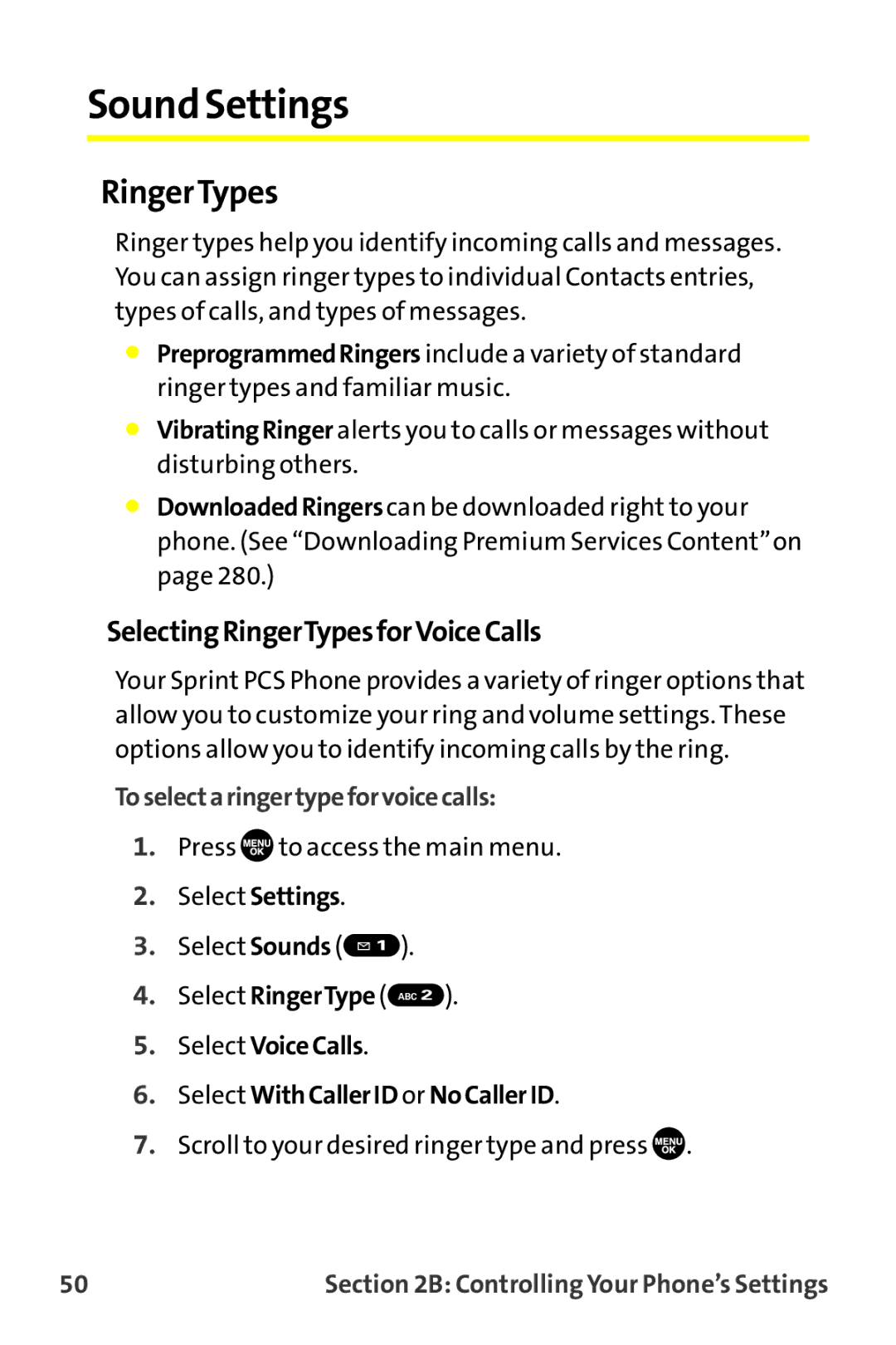 Sprint Nextel MM-7500 manual Sound Settings, SelectingRingerTypesforVoiceCalls, Toselectaringertypeforvoicecalls 