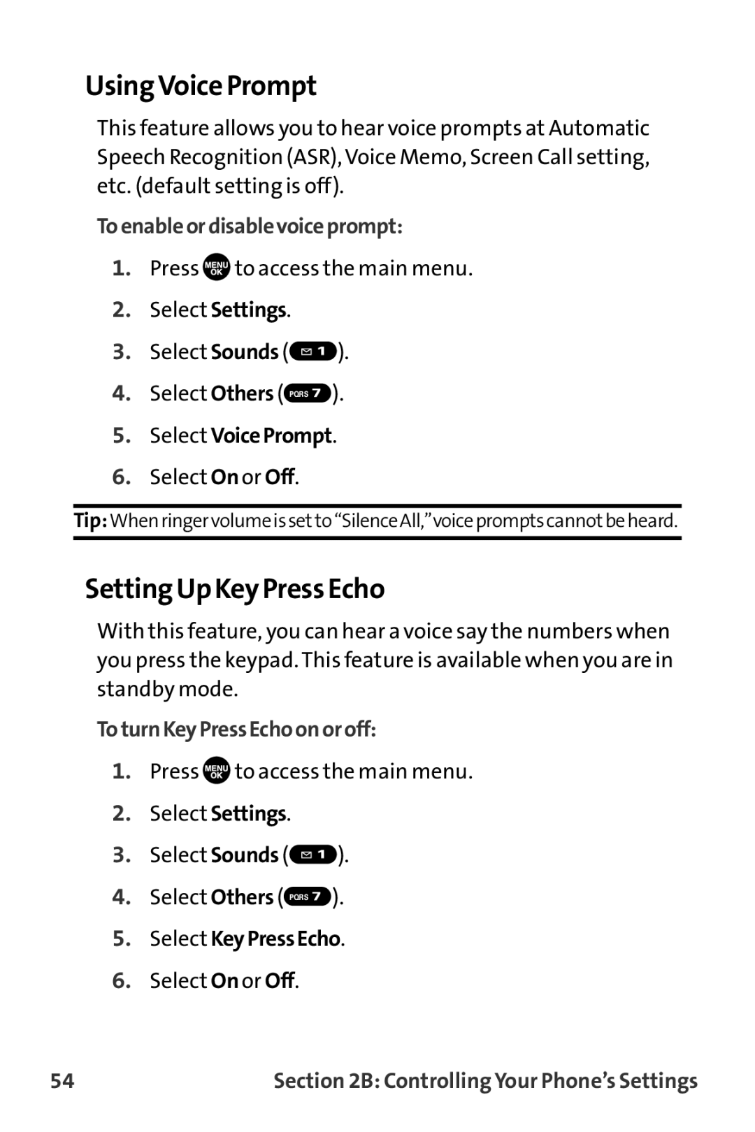 Sprint Nextel MM-7500 manual Using Voice Prompt, Setting Up Key Press Echo, Toenableordisablevoiceprompt 