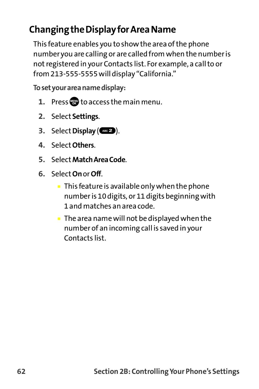 Sprint Nextel MM-7500 manual Changing the Display for Area Name, Tosetyourareanamedisplay, Select MatchAreaCode 