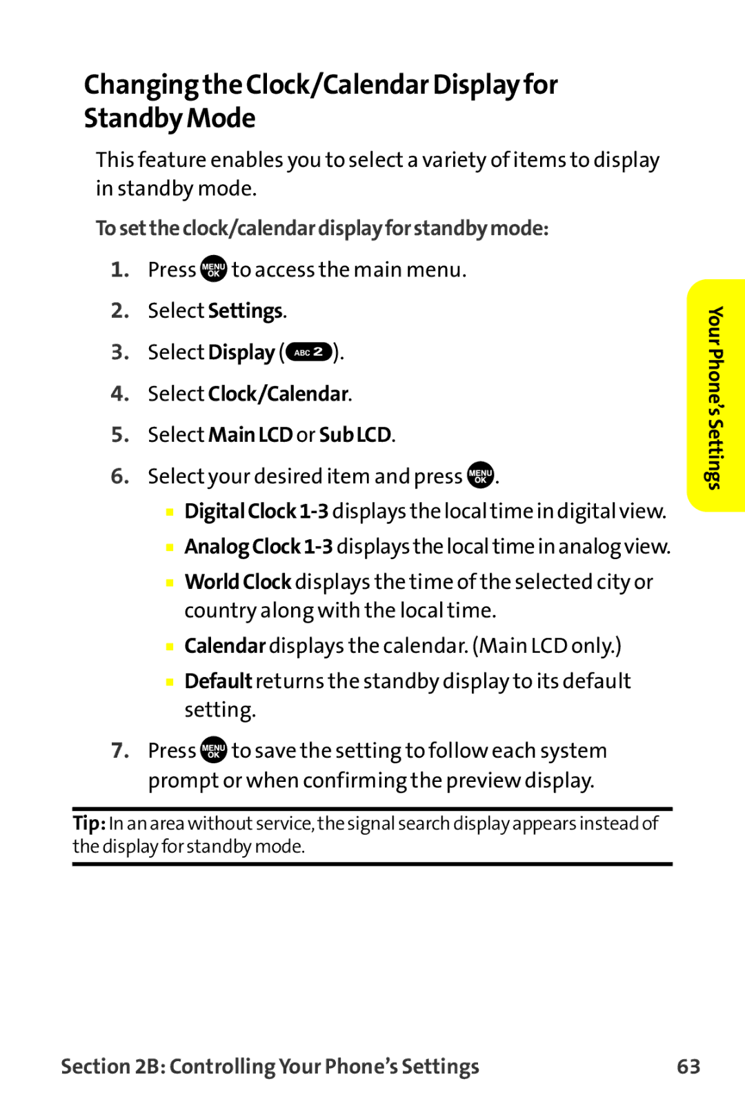 Sprint Nextel MM-7500 Changing the Clock/Calendar Display for Standby Mode, Tosettheclock/calendardisplayforstandbymode 