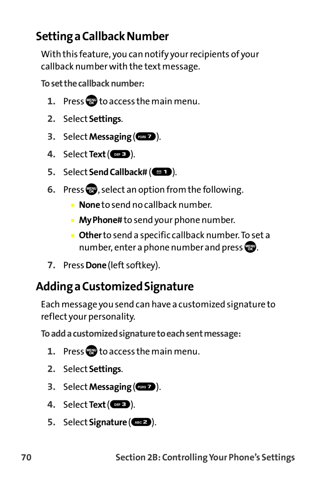 Sprint Nextel MM-7500 manual Setting a Callback Number, Adding a Customized Signature, Tosetthecallbacknumber 