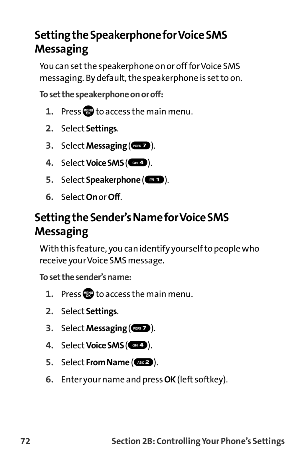 Sprint Nextel MM-7500 Setting the Speakerphone forVoice SMS Messaging, Setting the Sender’s Name forVoice SMS Messaging 