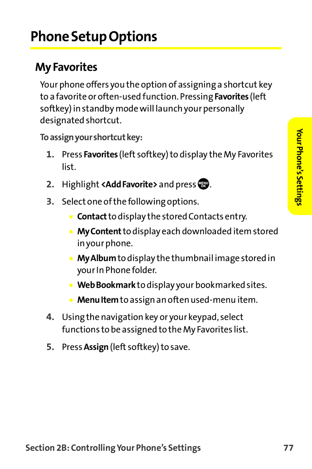 Sprint Nextel MM-7500 manual Phone Setup Options, My Favorites, Toassignyourshortcutkey 