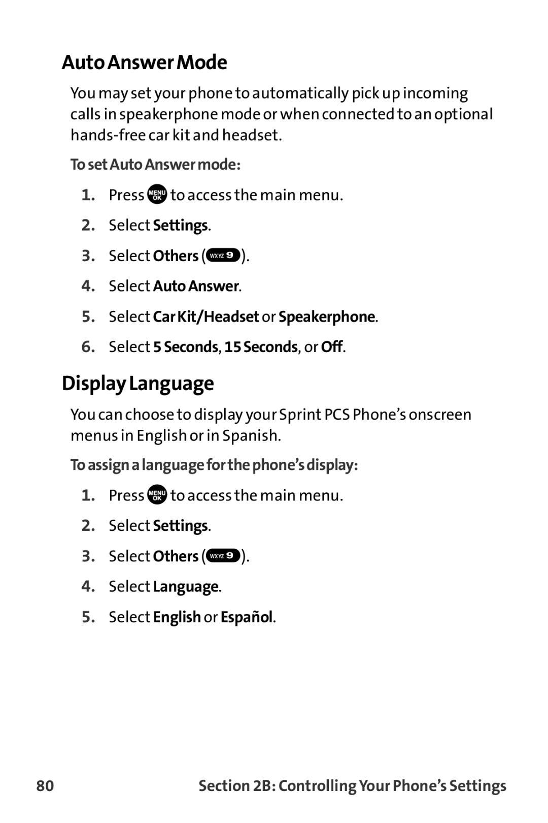 Sprint Nextel MM-7500 manual Auto Answer Mode, Display Language, TosetAutoAnswermode, Toassignalanguageforthephone’sdisplay 