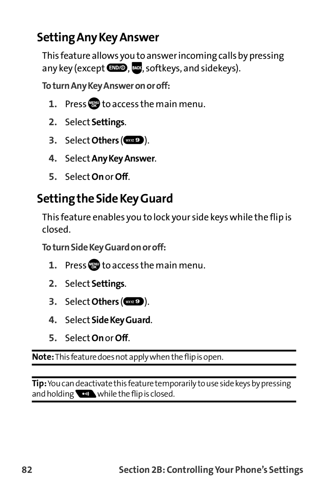 Sprint Nextel MM-7500 manual Setting Any Key Answer, Setting the Side Key Guard, ToturnAnyKeyAnsweronoroff 