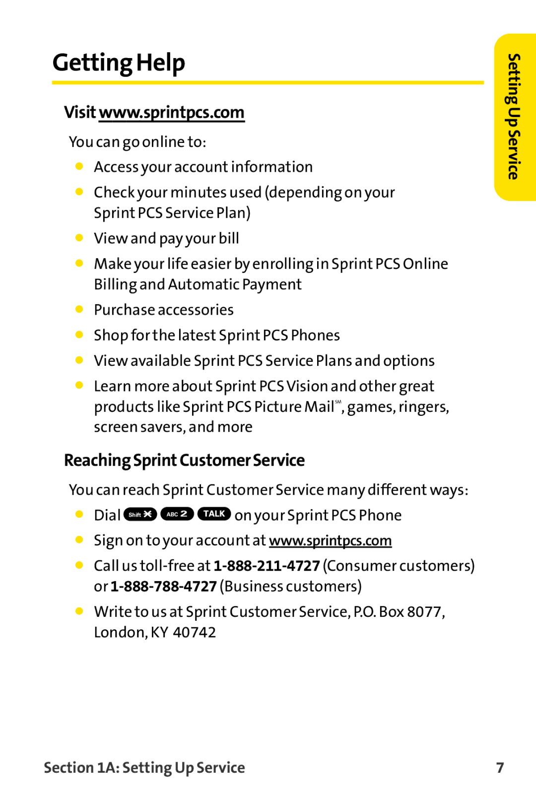 Sprint Nextel MM-8300 manual Getting Help, ReachingSprintCustomerService 