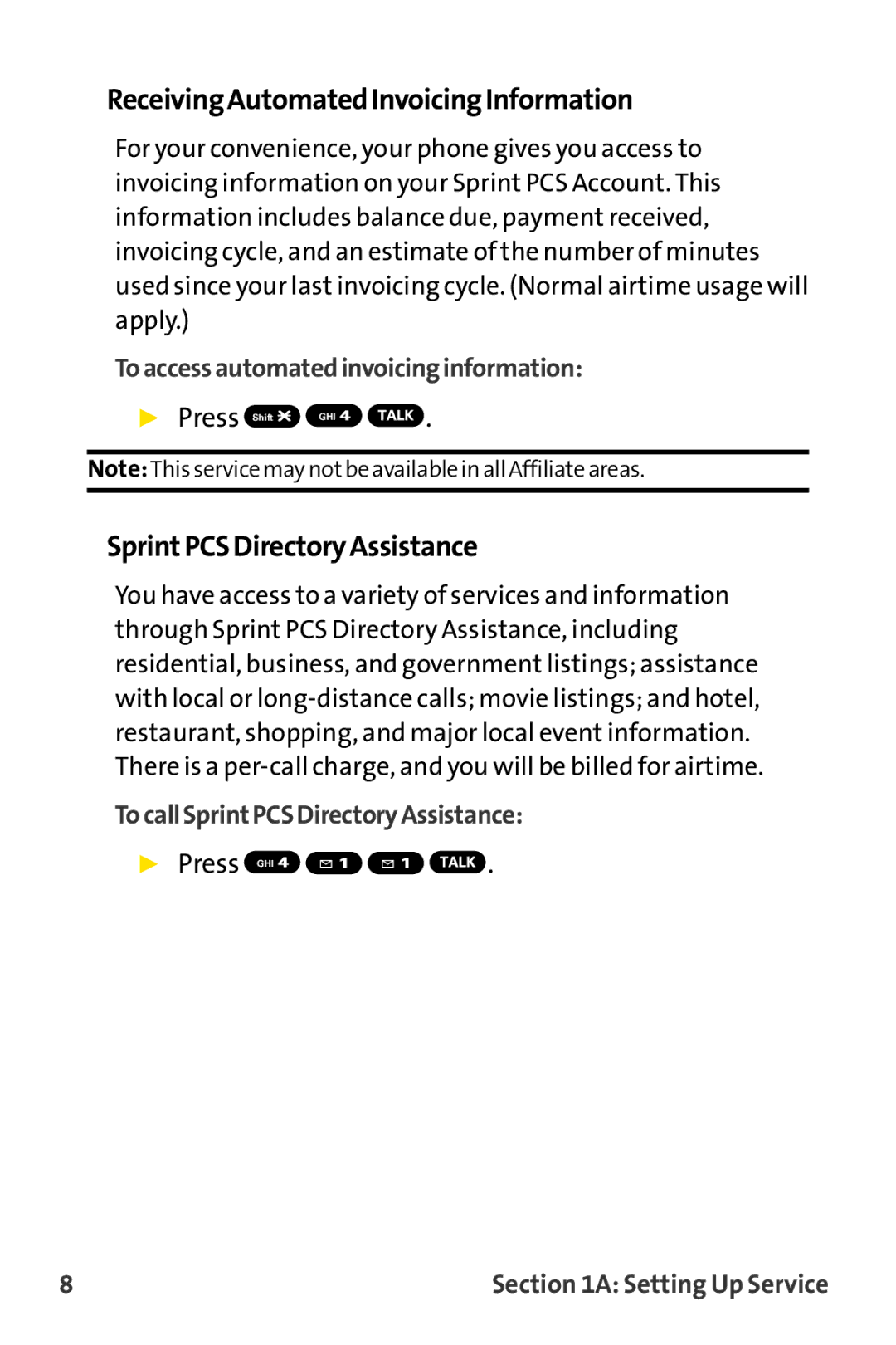 Sprint Nextel MM-8300 manual ReceivingAutomatedInvoicingInformation, SprintPCSDirectoryAssistance 