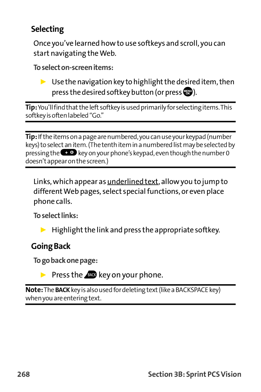 Sprint Nextel MM-8300 manual Selecting, GoingBack 