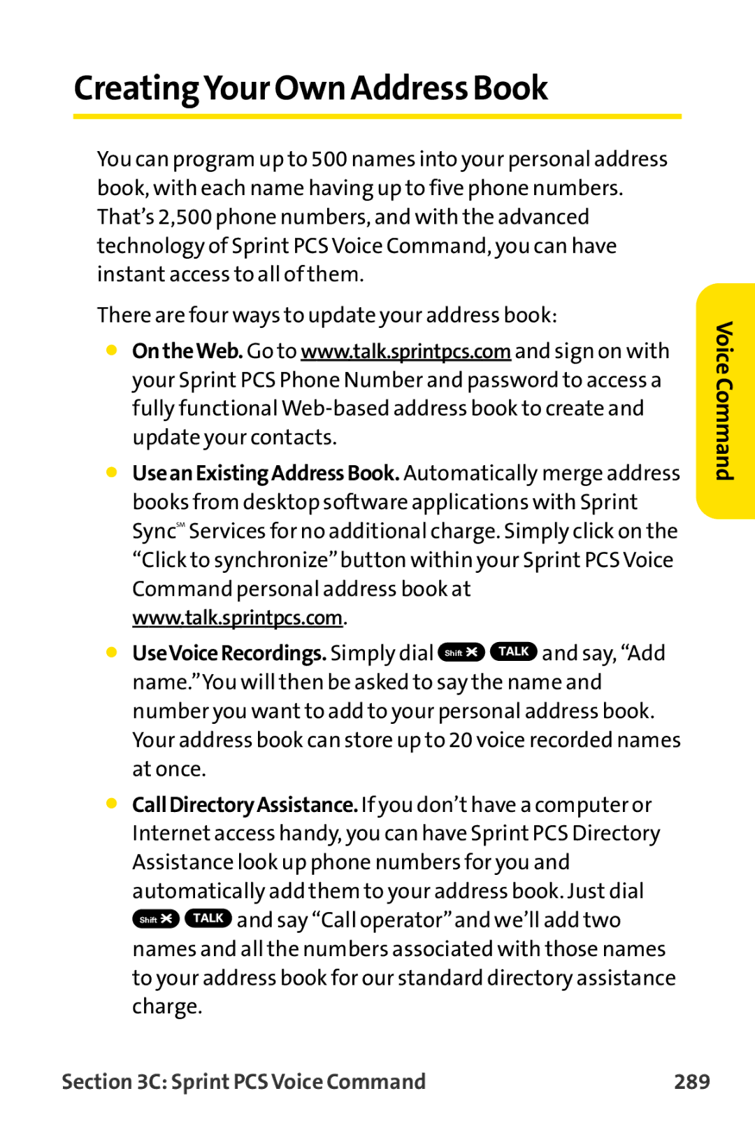 Sprint Nextel MM-8300 manual CreatingYour Own Address Book, Sprint PCS Voice Command 289 