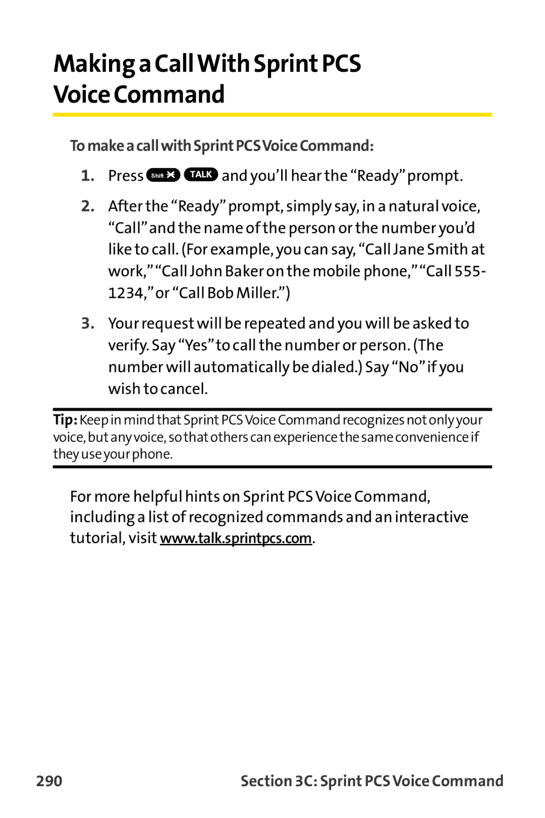 Sprint Nextel MM-8300 manual Making a CallWith SprintPCS Voice Command, TomakeacallwithSprintPCSVoiceCommand, 290 