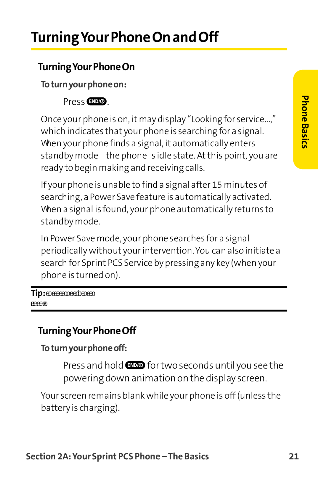 Sprint Nextel MM-8300 manual TurningYour Phone On and Off, TurningYourPhoneOn, TurningYourPhoneOff, Toturnyourphoneon 