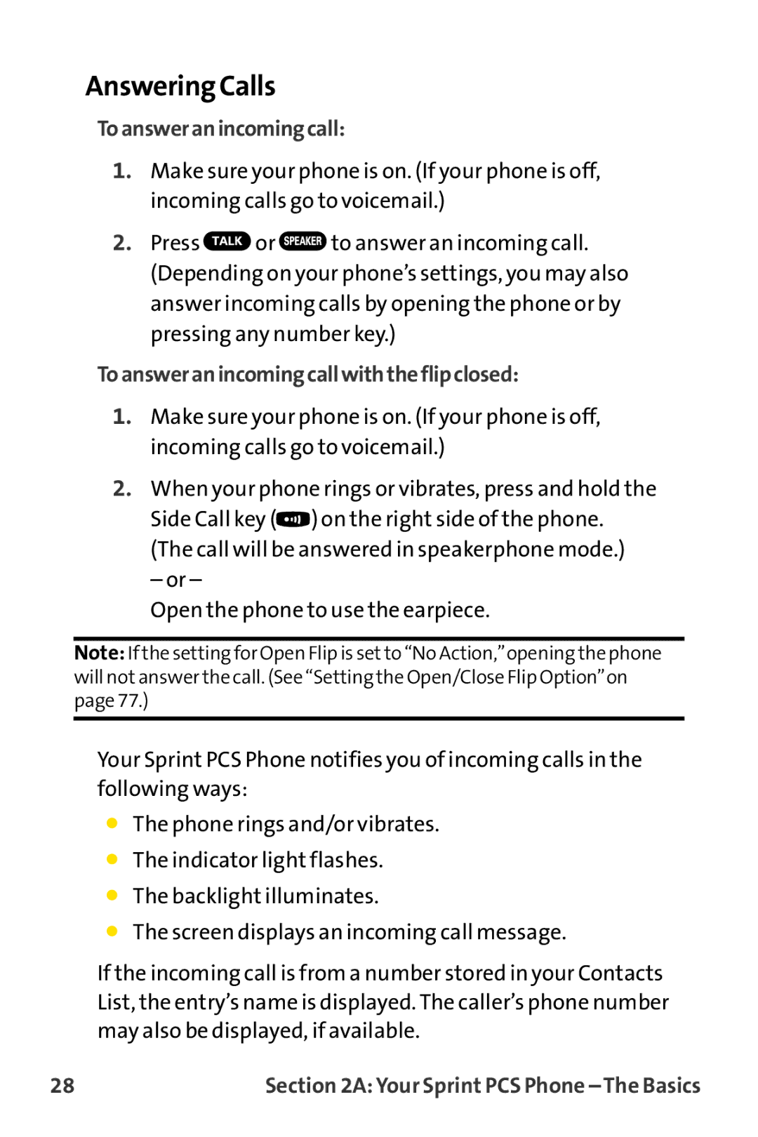 Sprint Nextel MM-8300 manual Answering Calls, Toansweranincomingcallwiththeflipclosed 