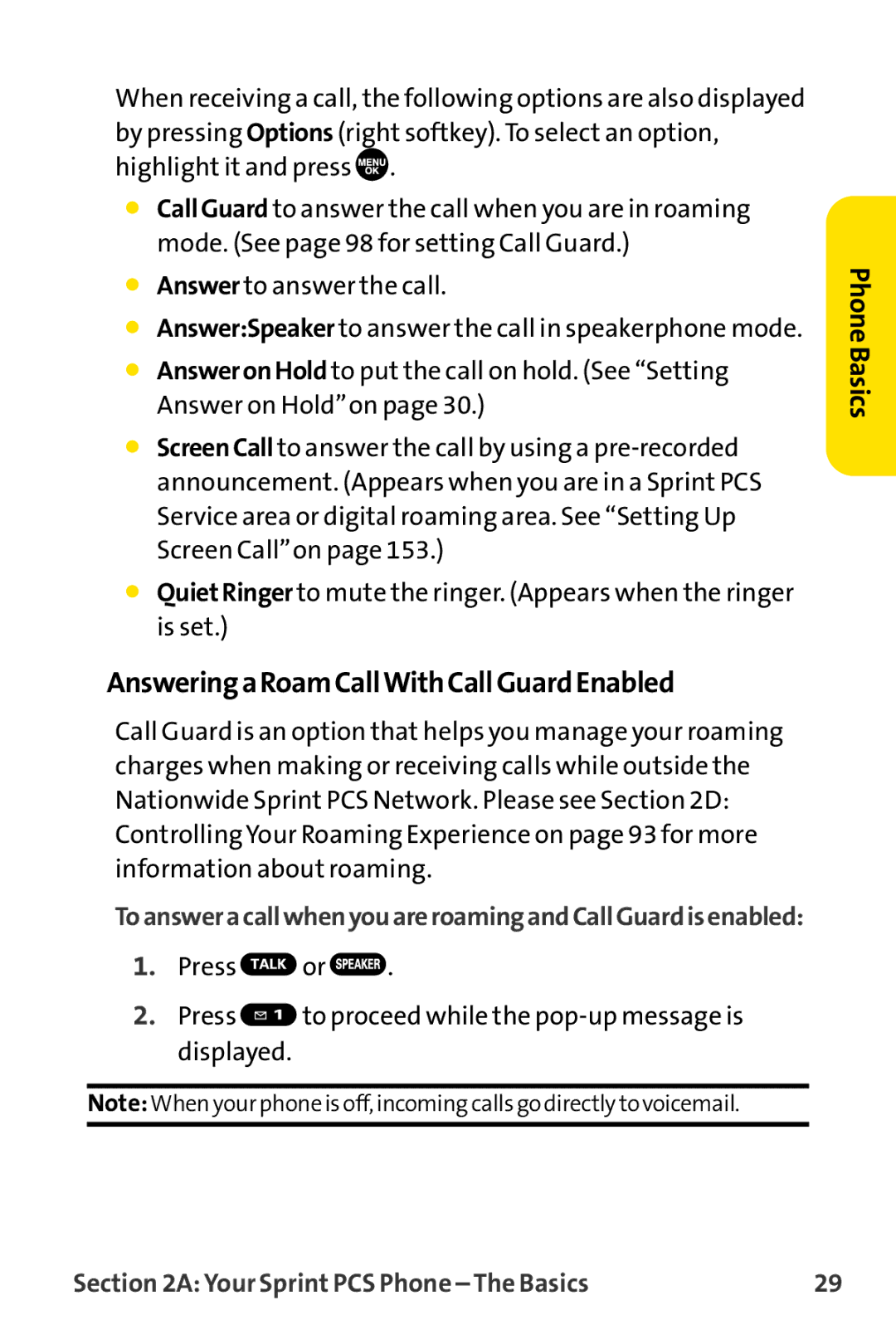 Sprint Nextel MM-8300 manual AnsweringaRoamCallWithCallGuardEnabled 