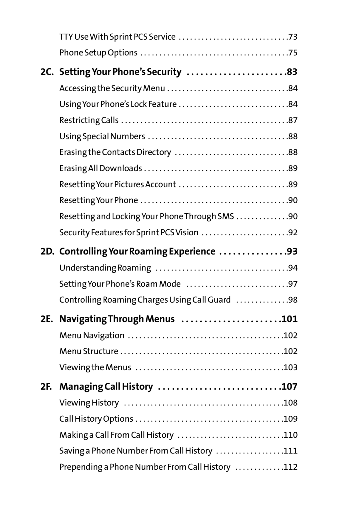 Sprint Nextel MM-8300 manual 2D. Controlling Your Roaming Experience, 101, 2F. Managing Call History 