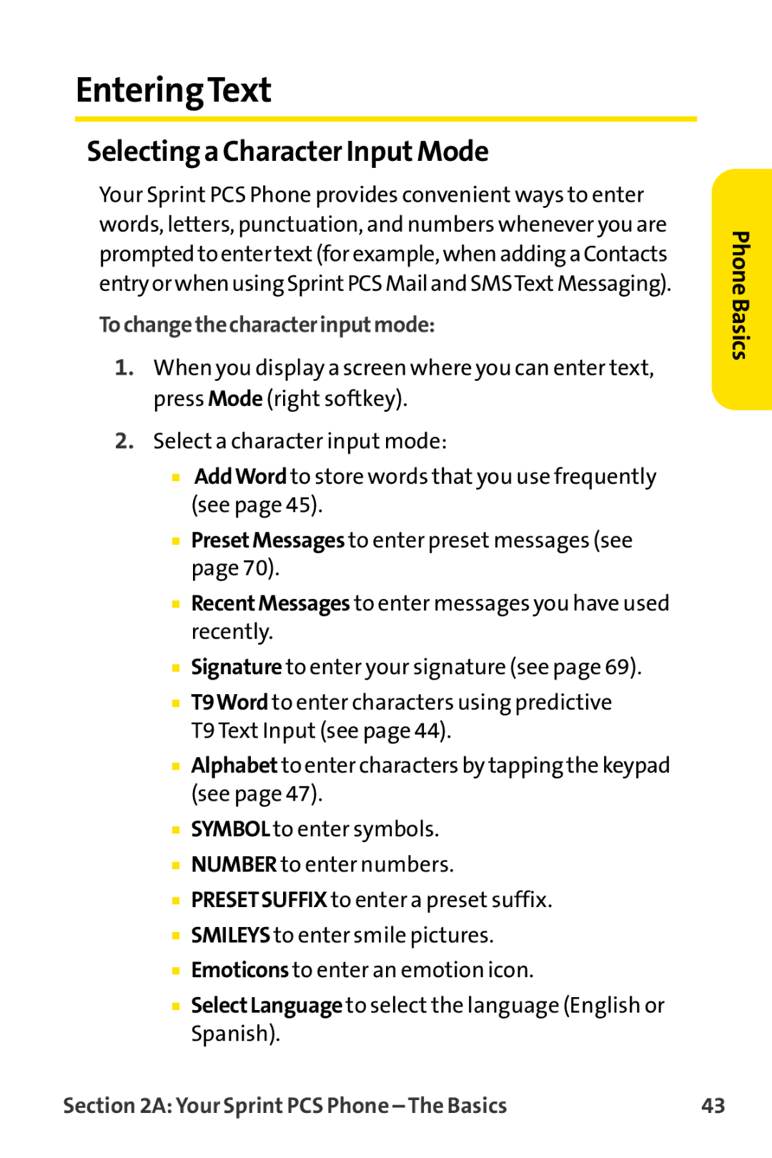 Sprint Nextel MM-8300 manual EnteringText, Selecting a Character InputMode, Tochangethecharacterinputmode 