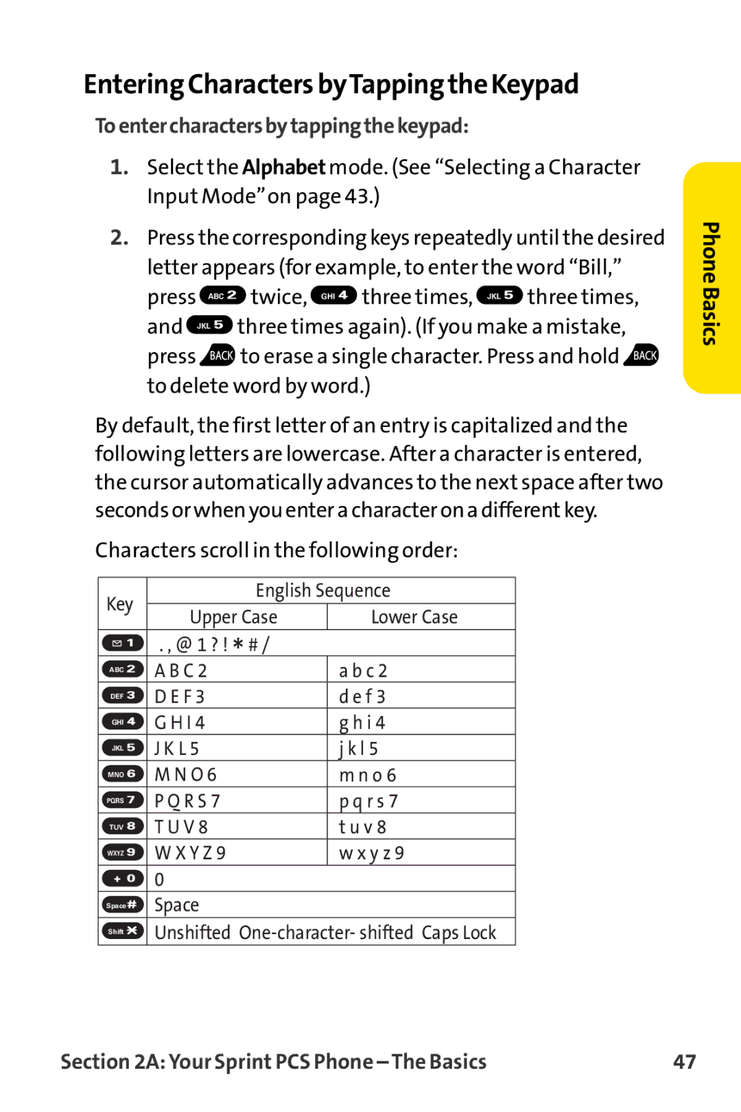 Sprint Nextel MM-8300 manual Entering Characters byTapping the Keypad, Toentercharactersbytappingthekeypad 