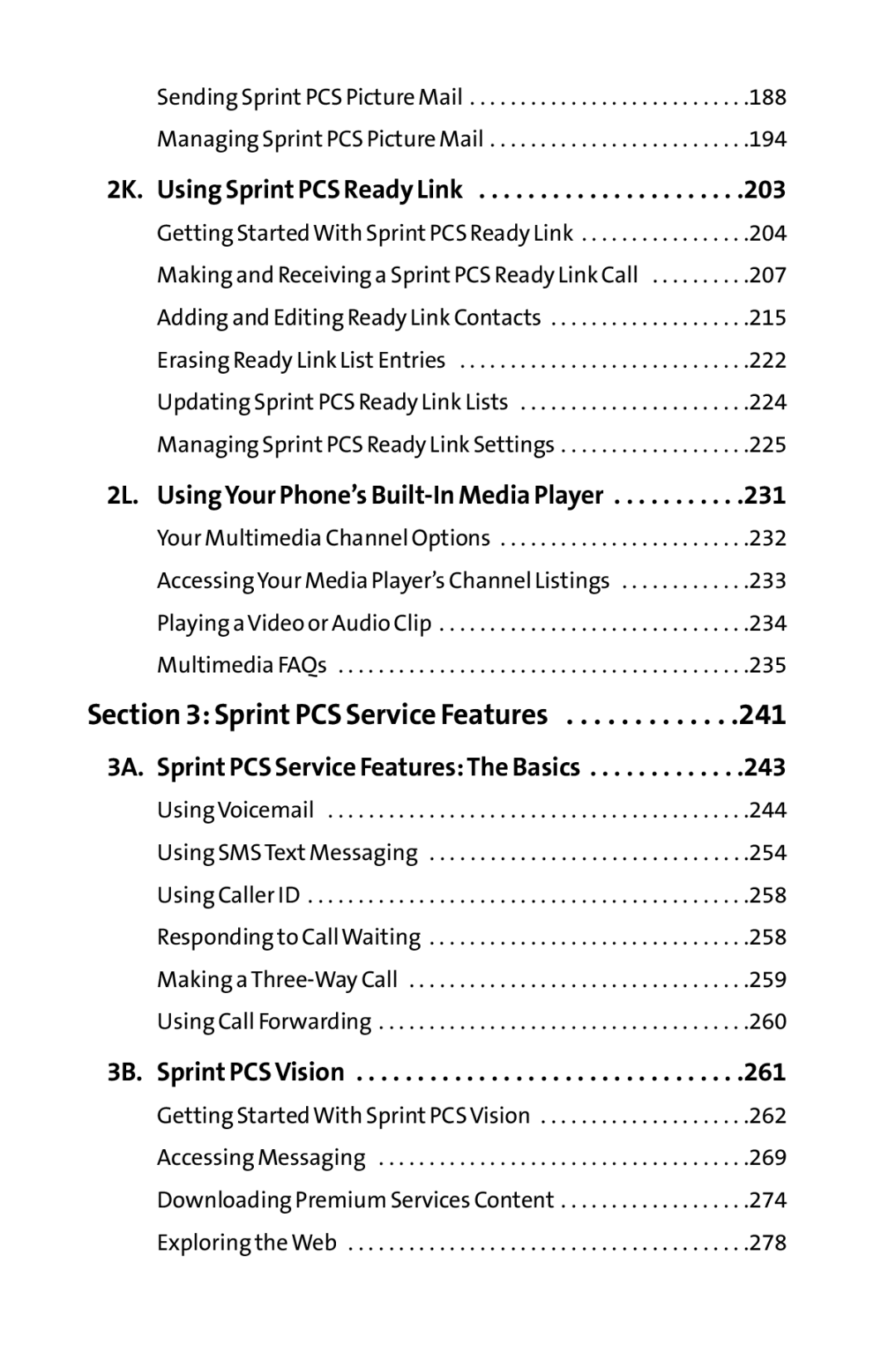 Sprint Nextel MM-8300 manual 241, 203, 231, 243, 261 