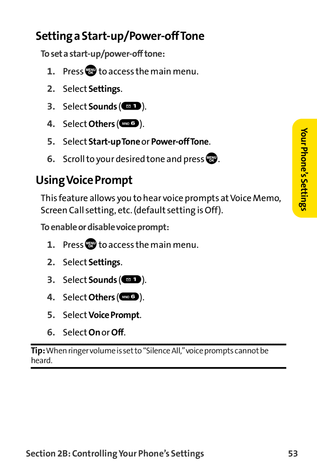 Sprint Nextel MM-8300 manual Setting a Start-up/Power-offTone, UsingVoice Prompt, Tosetastart-up/power-offtone 