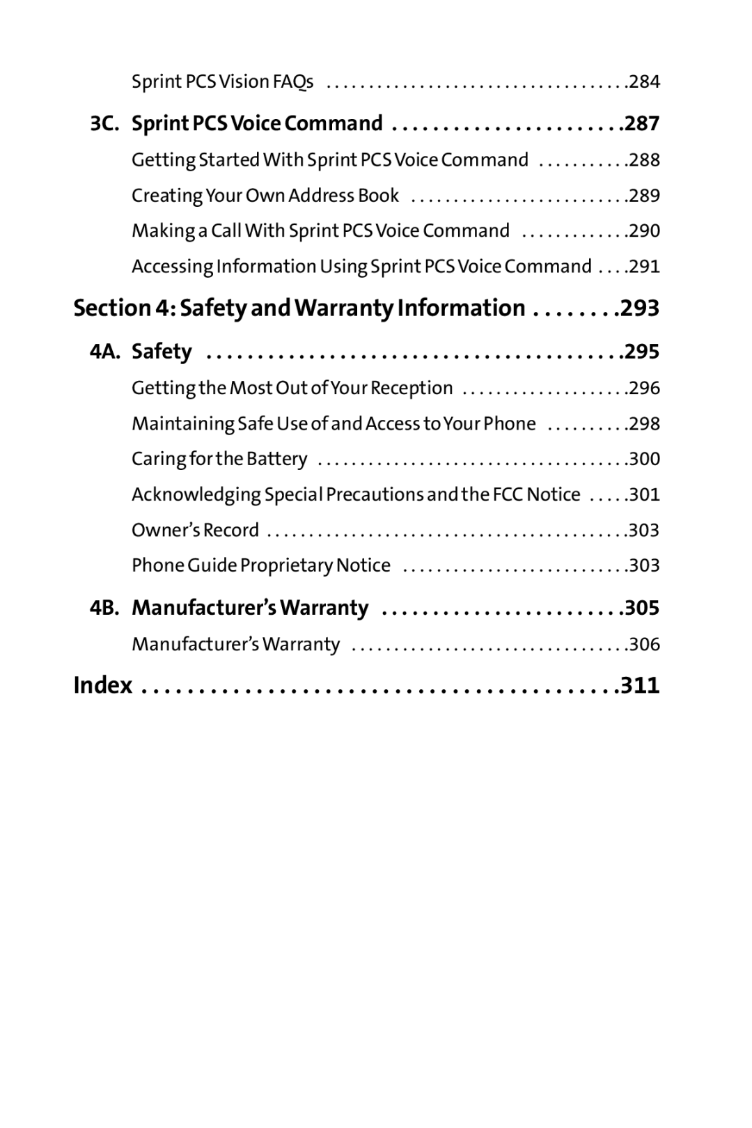 Sprint Nextel MM-8300 manual 3C. Sprint PCS Voice Command, 4A. Safety, 4B. Manufacturer’s Warranty 