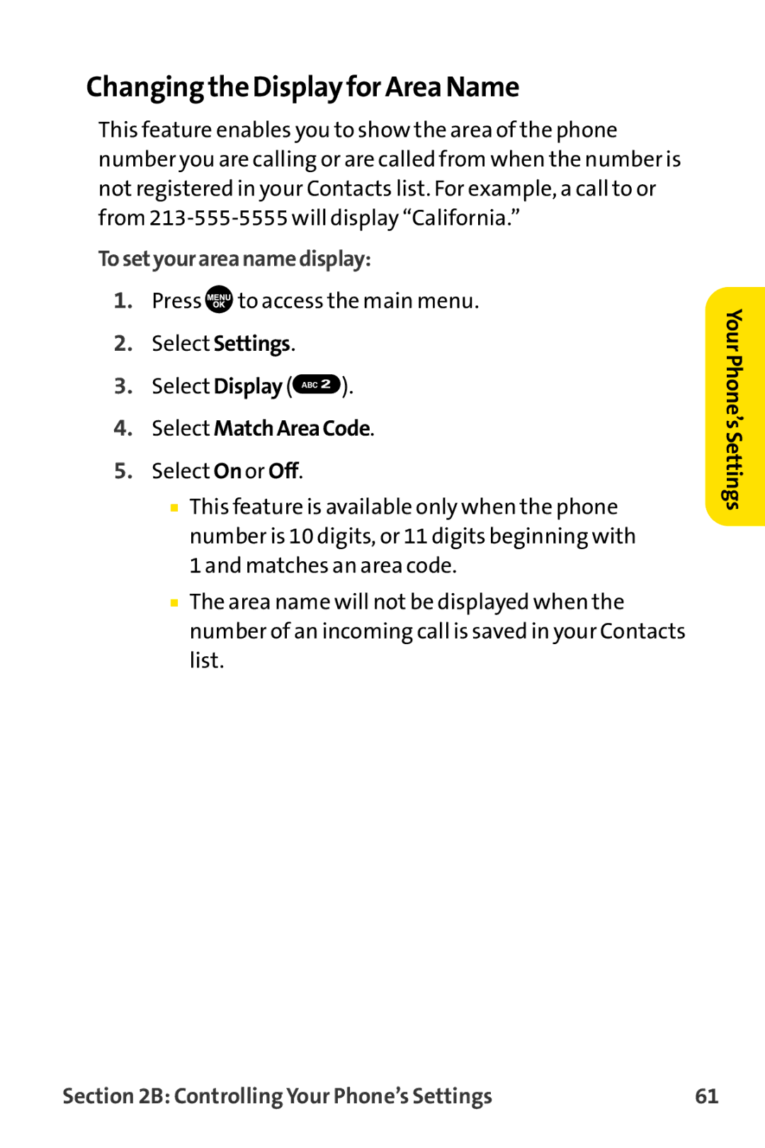 Sprint Nextel MM-8300 manual Changing the Display for Area Name, Tosetyourareanamedisplay, Select MatchAreaCode 