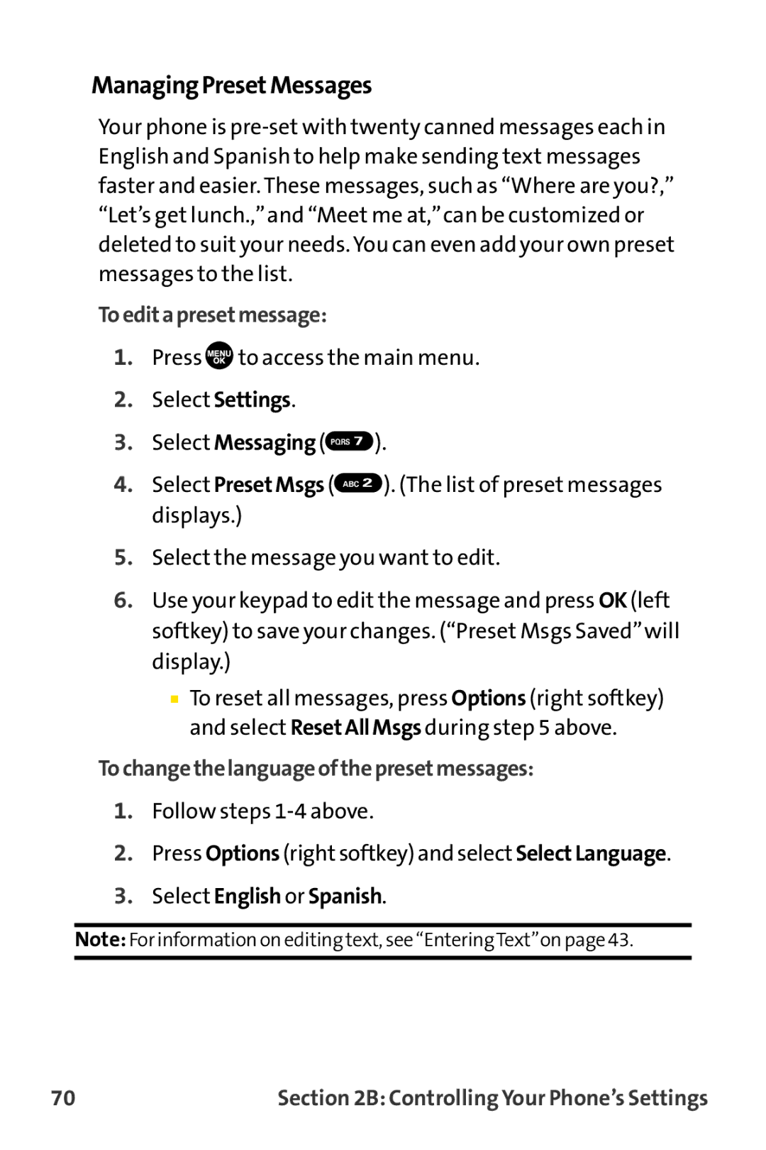 Sprint Nextel MM-8300 manual ManagingPresetMessages, Toeditapresetmessage, Tochangethelanguageofthepresetmessages 