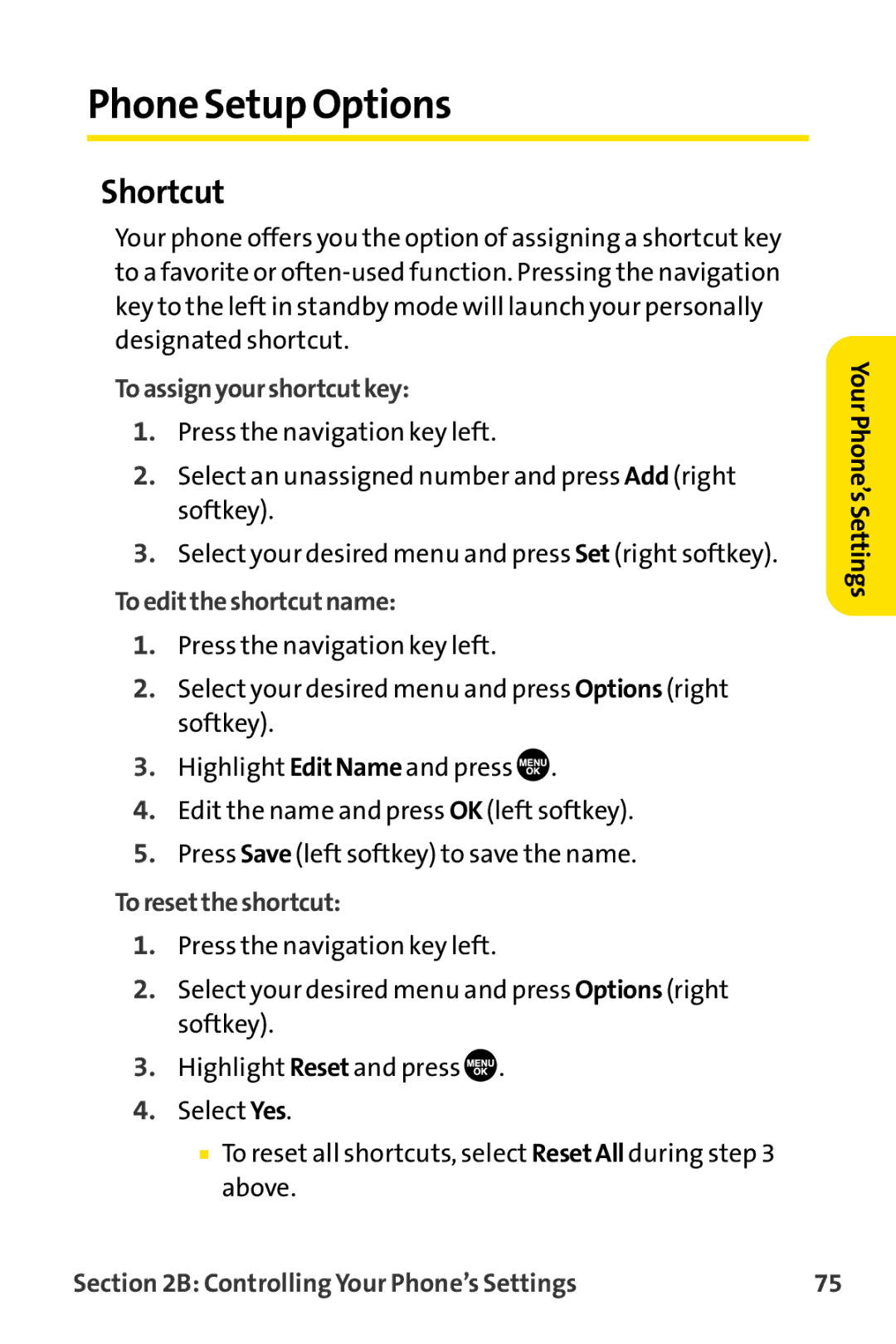 Sprint Nextel MM-8300 Phone Setup Options, Shortcut, Toassignyourshortcutkey, Toedittheshortcutname, Toresettheshortcut 