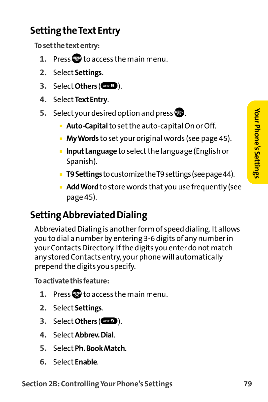 Sprint Nextel MM-8300 manual Setting theTextEntry, Setting Abbreviated Dialing, Tosetthetextentry, Toactivatethisfeature 