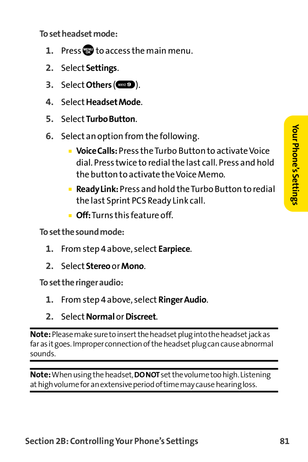 Sprint Nextel MM-8300 Tosetheadsetmode, Select HeadsetMode Select TurboButton, Tosetthesoundmode, Tosettheringeraudio 