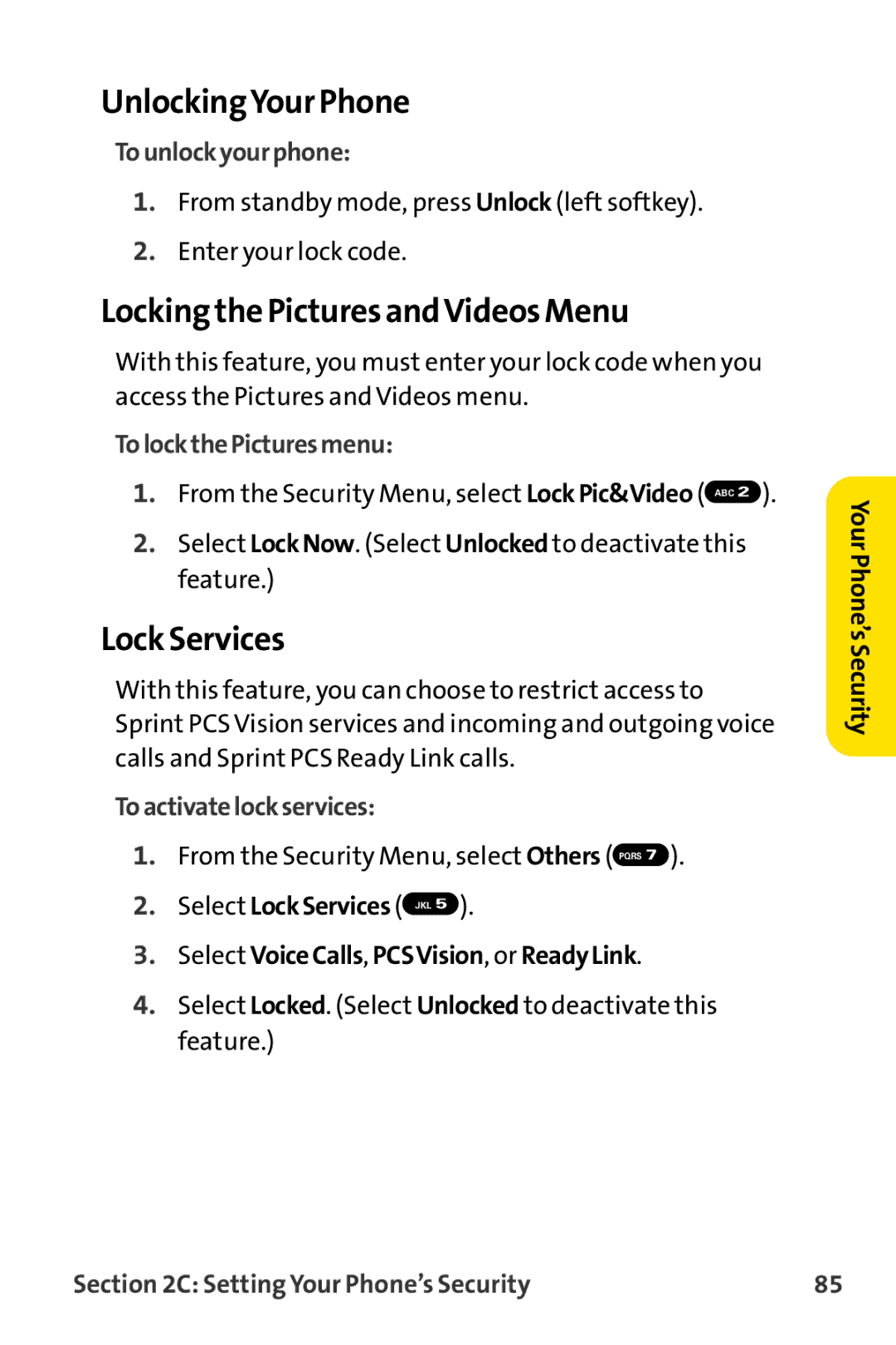 Sprint Nextel MM-8300 manual UnlockingYour Phone, Locking the Pictures andVideos Menu, Lock Services 