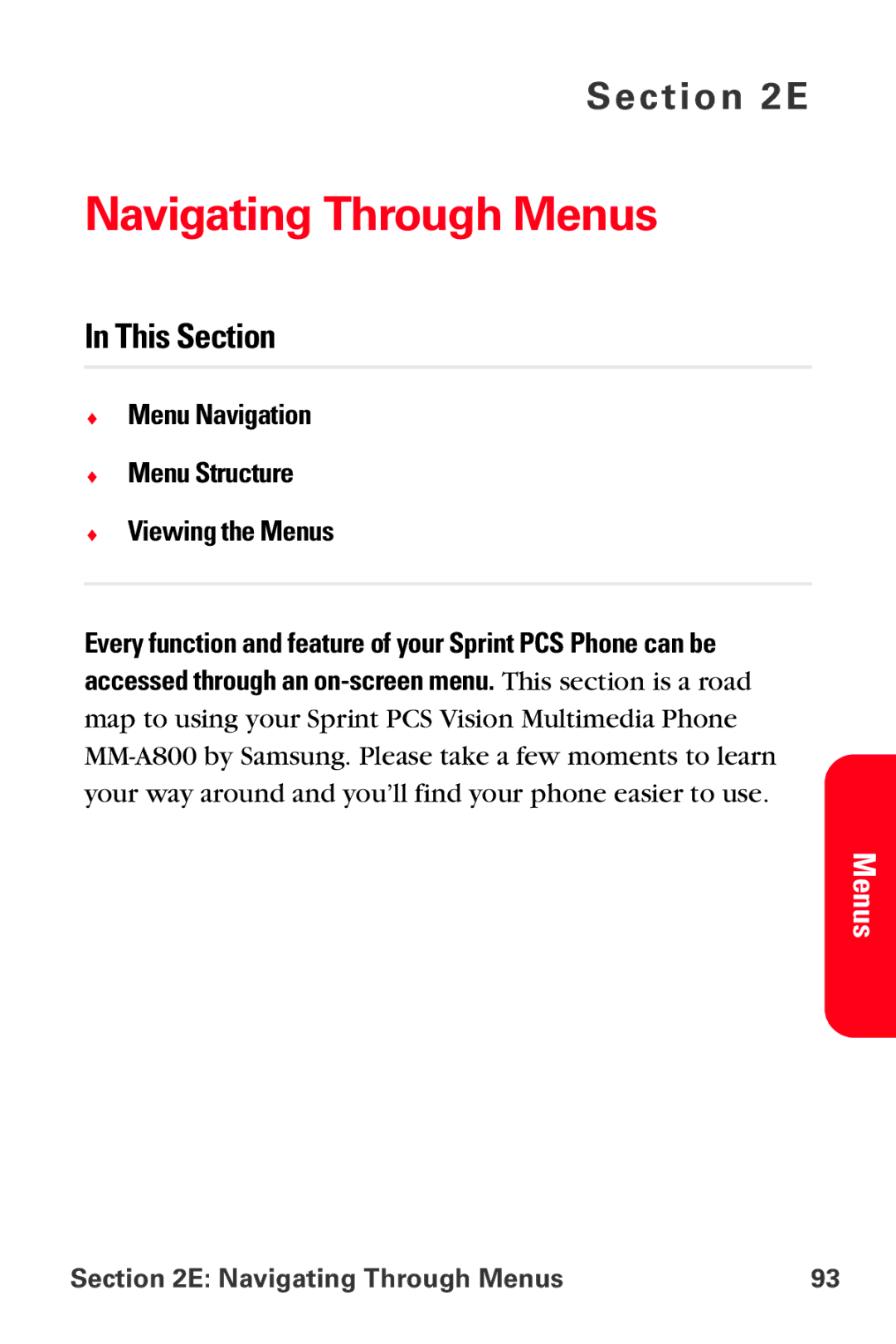 Sprint Nextel MM-A800 manual Navigating Through Menus, Menu Navigation Menu Structure Viewing the Menus 