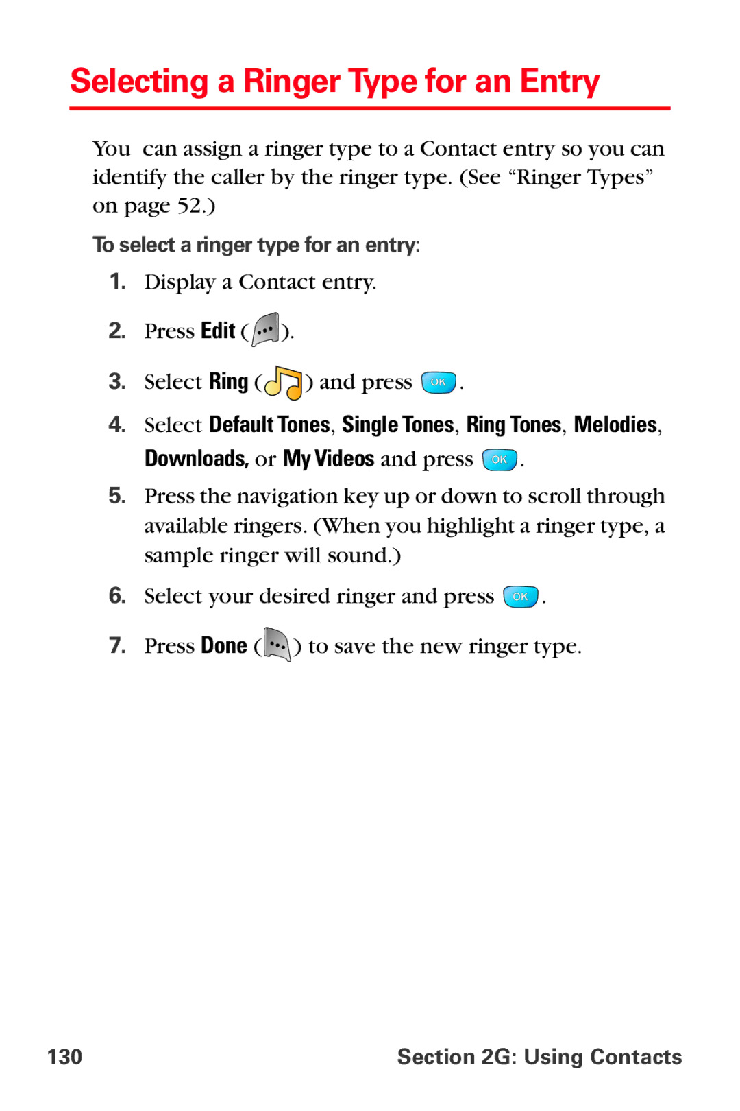 Sprint Nextel MM-A800 manual Selecting a Ringer Type for an Entry, Downloads, or My Videos and press, Using Contacts 