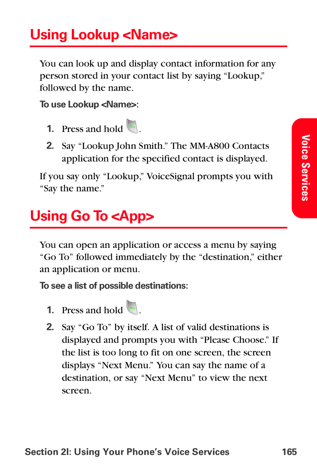 Sprint Nextel MM-A800 manual Using Lookup Name, Using Go To App, To use Lookup Name, To see a list of possible destinations 